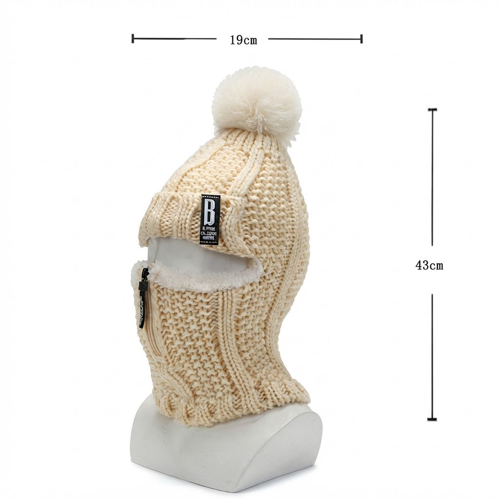 Gorro de punto para mujer con cuello integrado y pompón