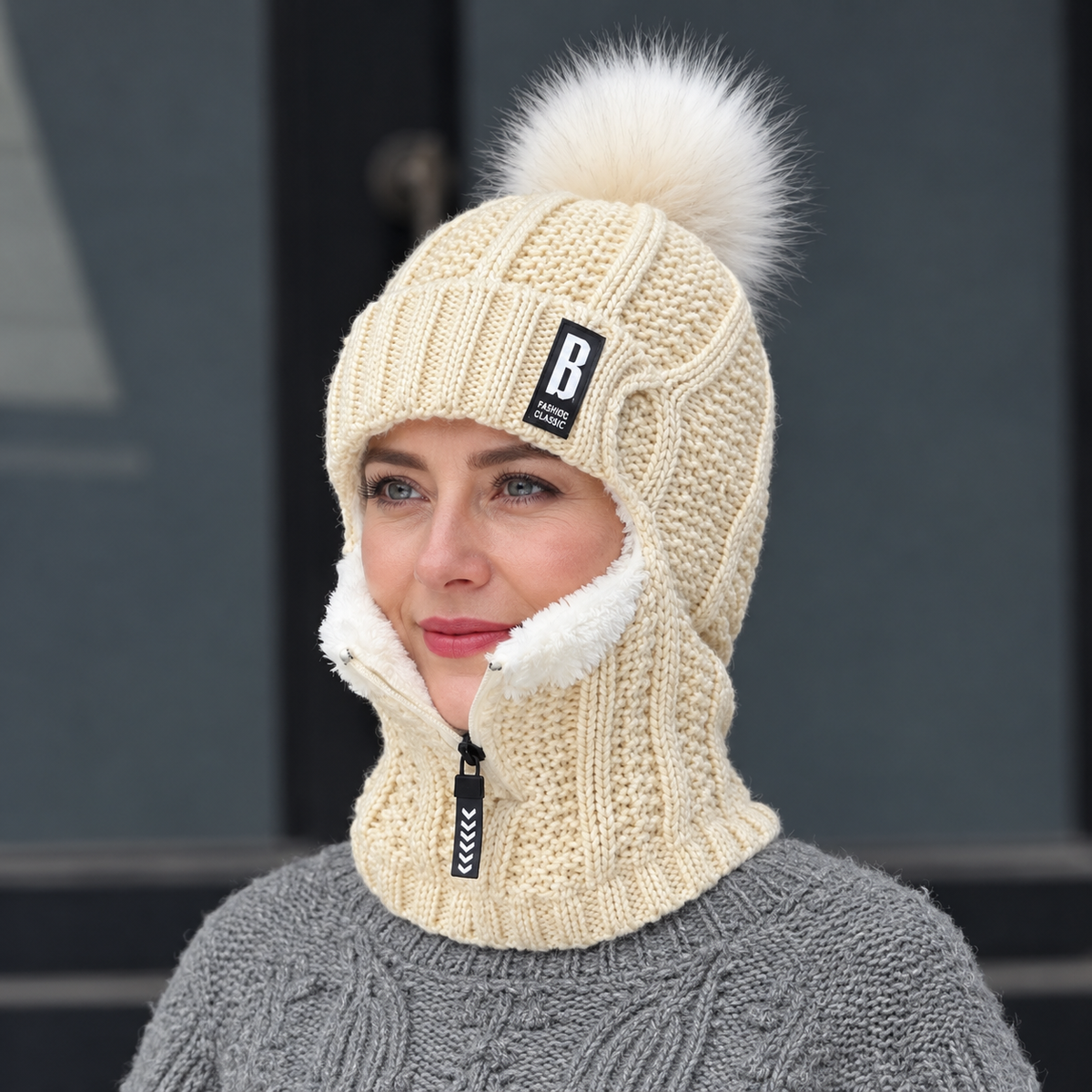 Gorro de punto para mujer con cuello integrado y pompón