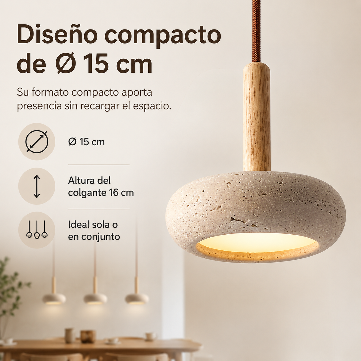 Hangende LED-lamp van steen en hout van 15 cm met verstelbare kabel