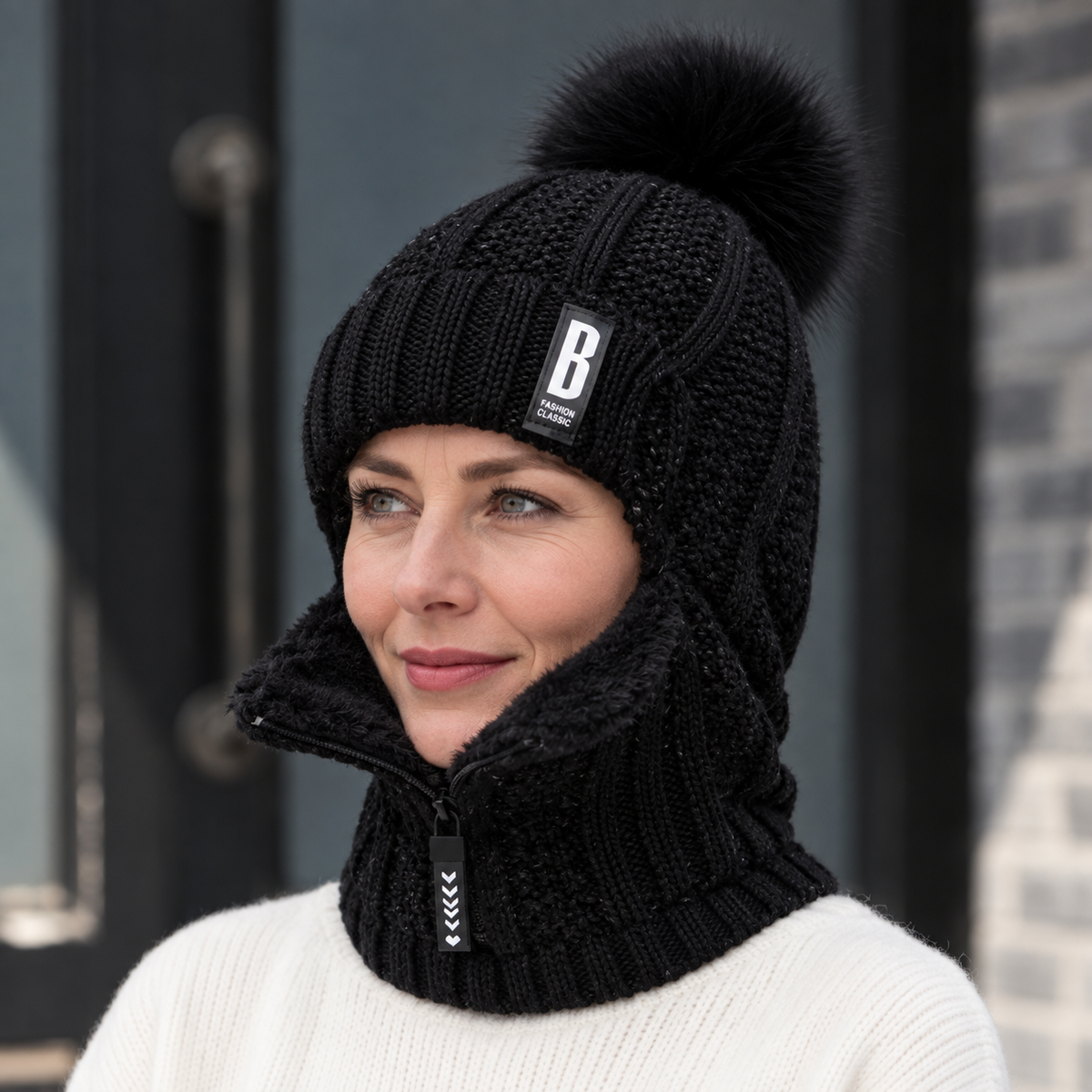 Gorro de punto para mujer con cuello integrado y pompón