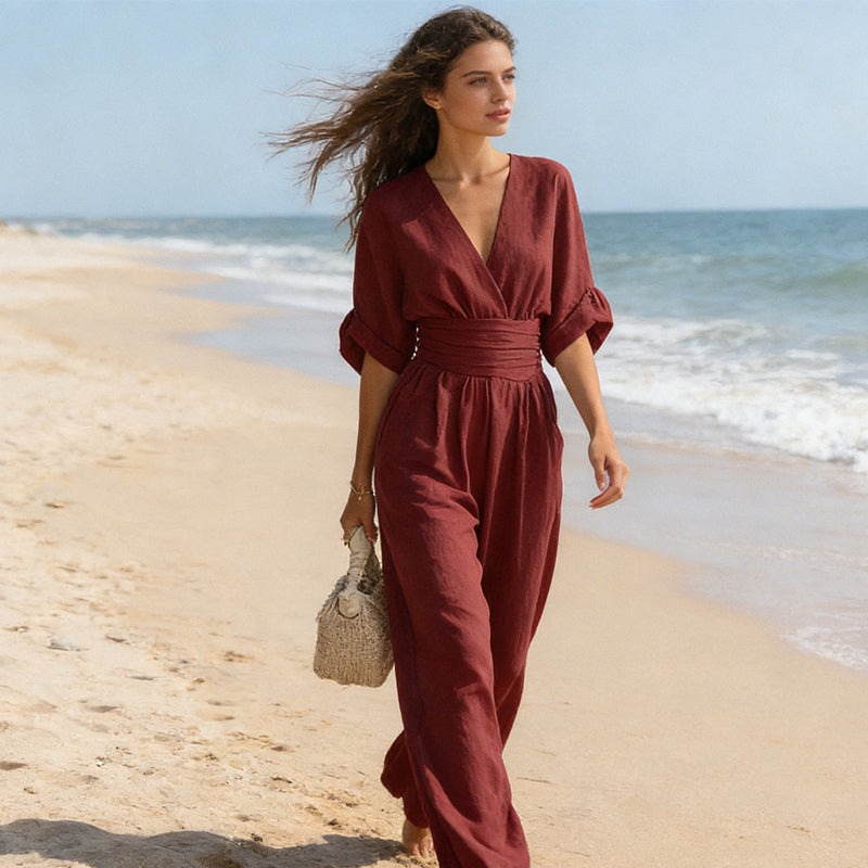 Mono para Mujer | Escote en V y Pantalón Ancho de Cintura Alta