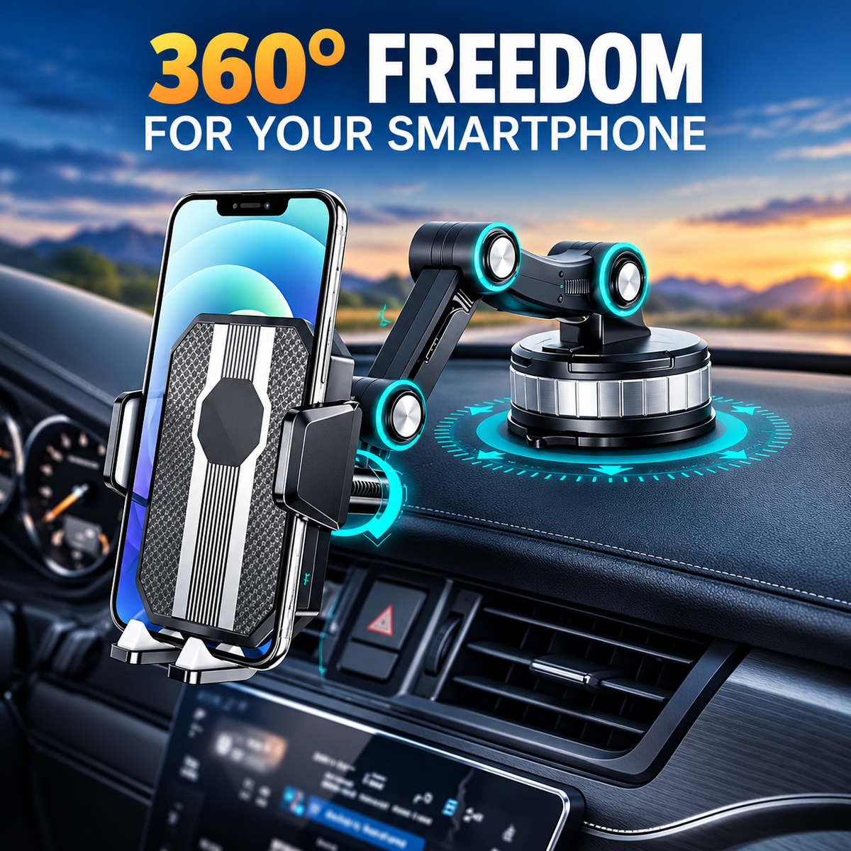 Telefoonhouder voor in de auto met zuignap en 360° verstelbare arm