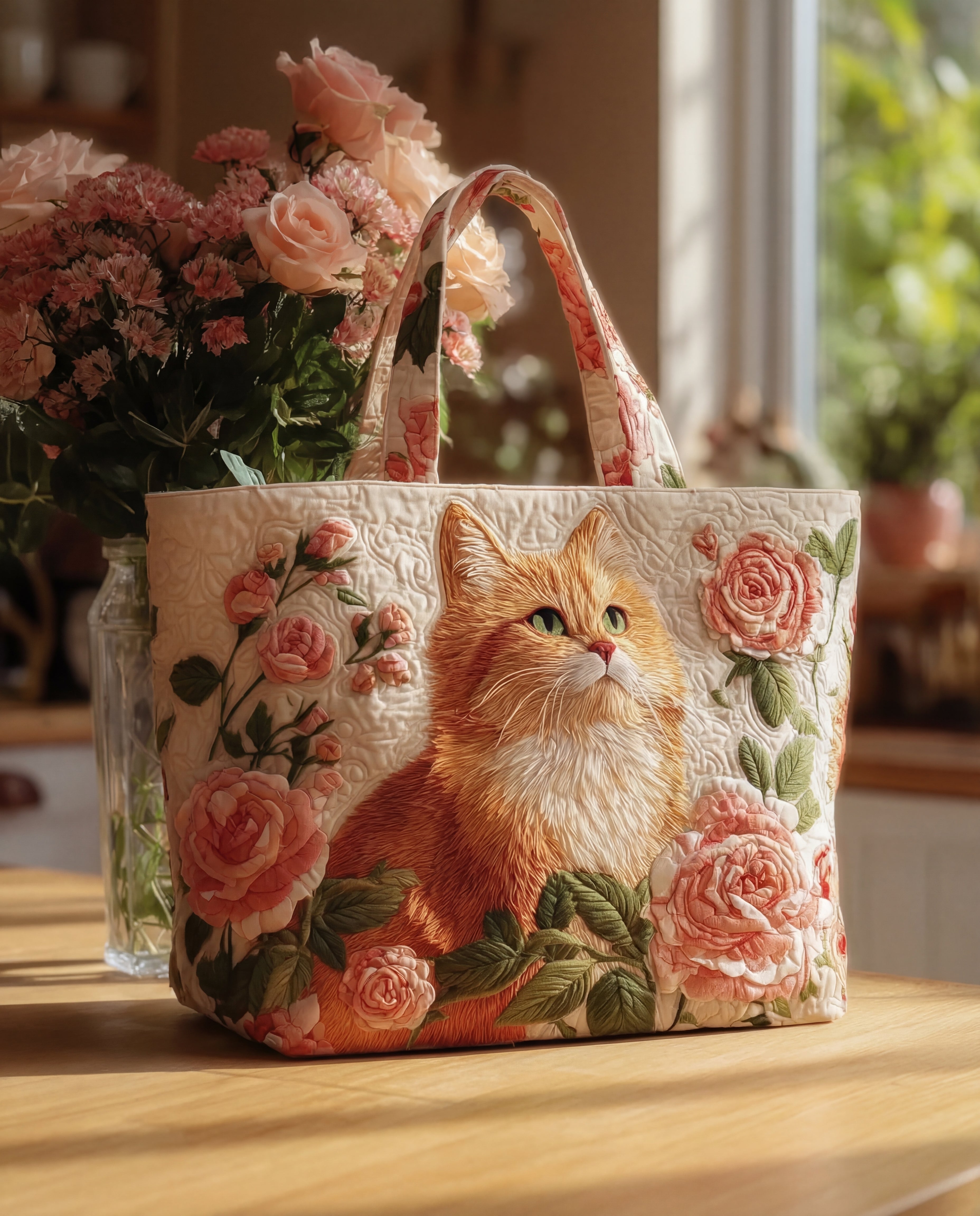 Bolso Tote Artesanal | Gato con Rosas