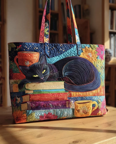 Bolso Tote Artesanal | Gato Negro con Libros y Tazas
