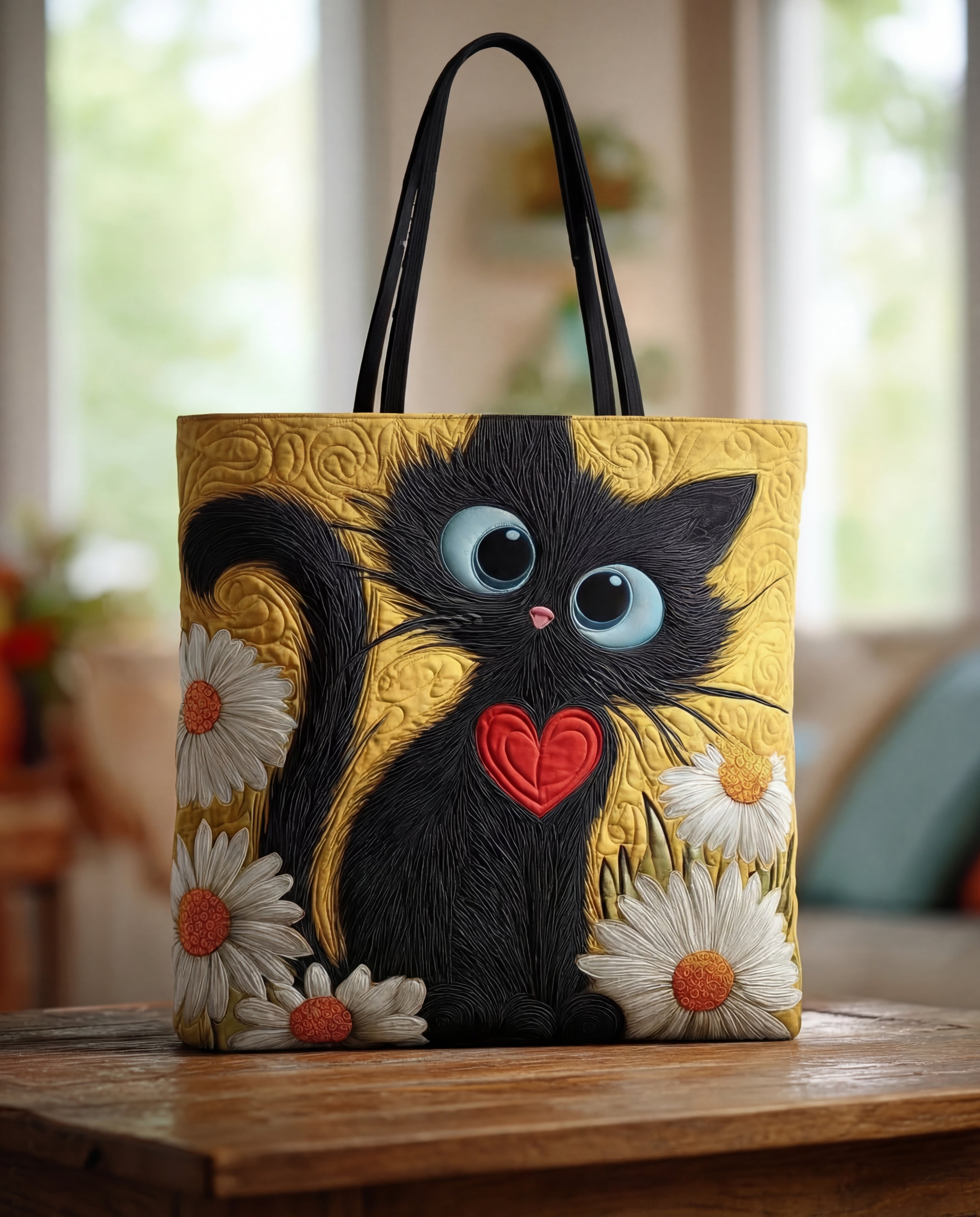 Bolso Tote Artesanal | Gato Negro con Corazón y Margaritas
