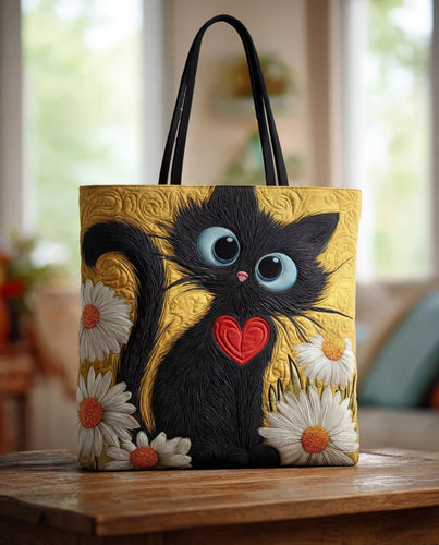 Bolso Tote Artesanal | Gato Negro con Corazón y Margaritas