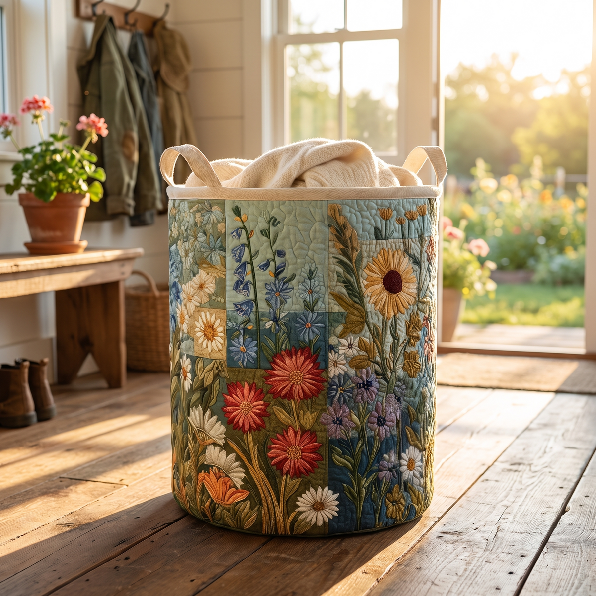 Panier à linge matelassé en coton avec appliqués de papillons et de fleurs sauvages, 40,5 x 56 cm