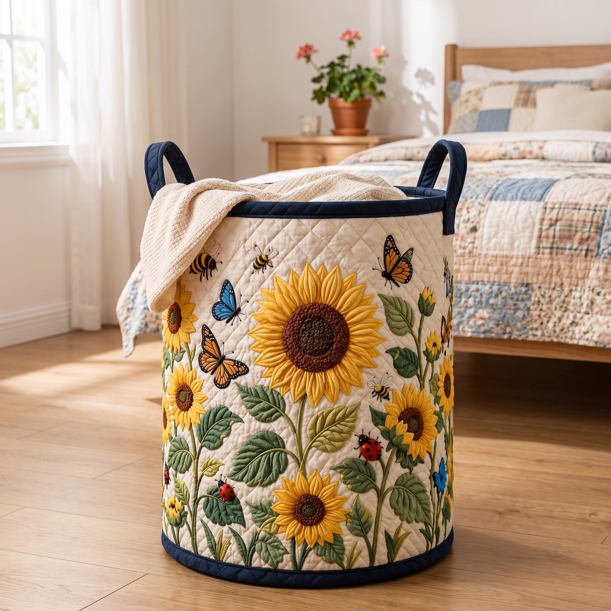 Panier à linge matelassé en coton avec appliqués de papillons et de fleurs sauvages, 40,5 x 56 cm