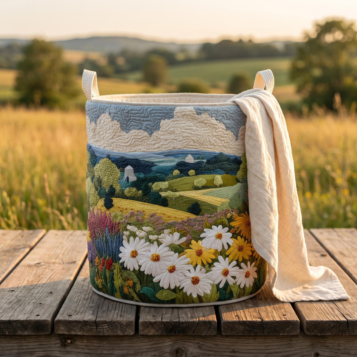 Cesta de Colada Acolchada de Algodón con Apliques de Flores y Rosas 40,5 x 56 cm