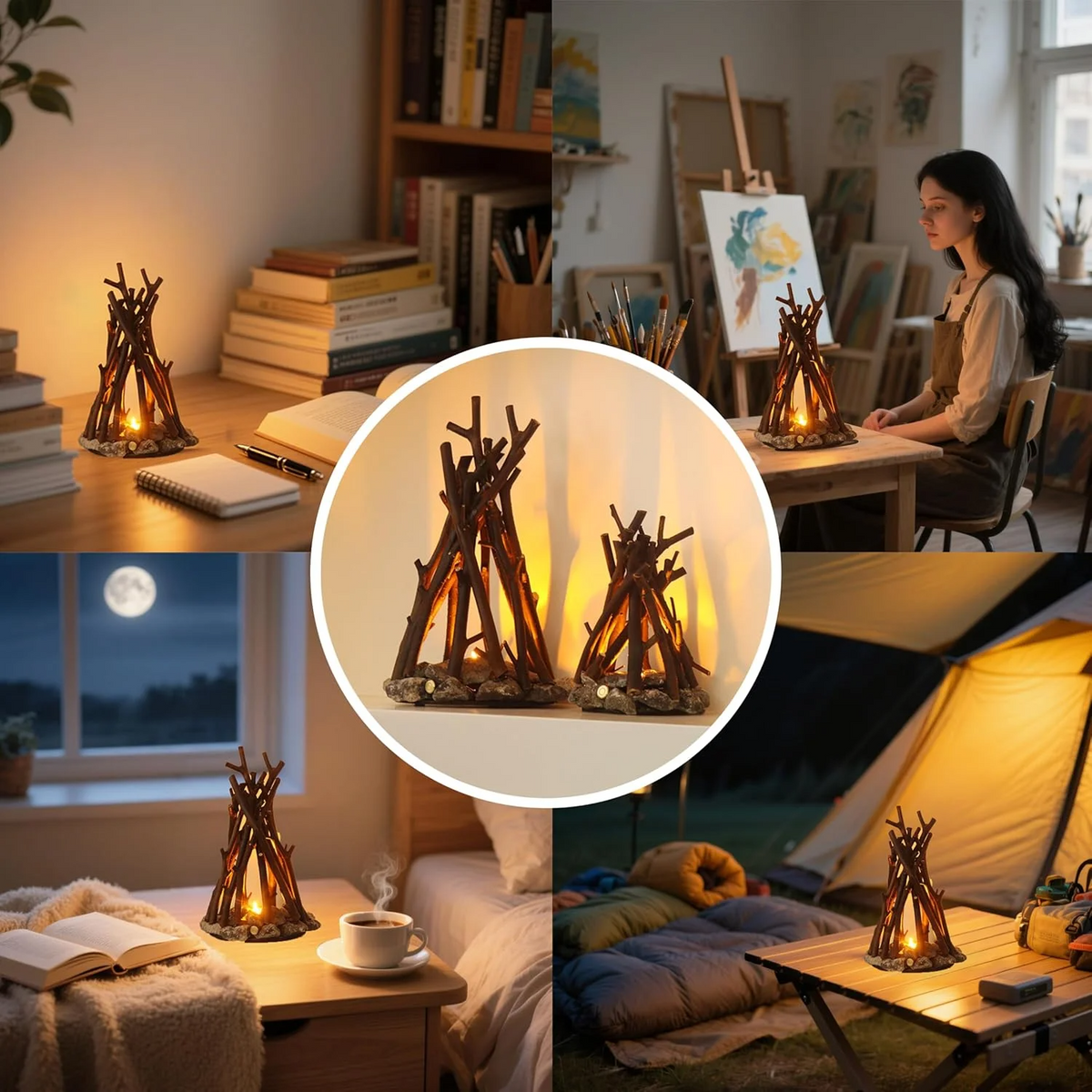 Lampe décorative LED de table en forme de feu de camp avec lumière chaude