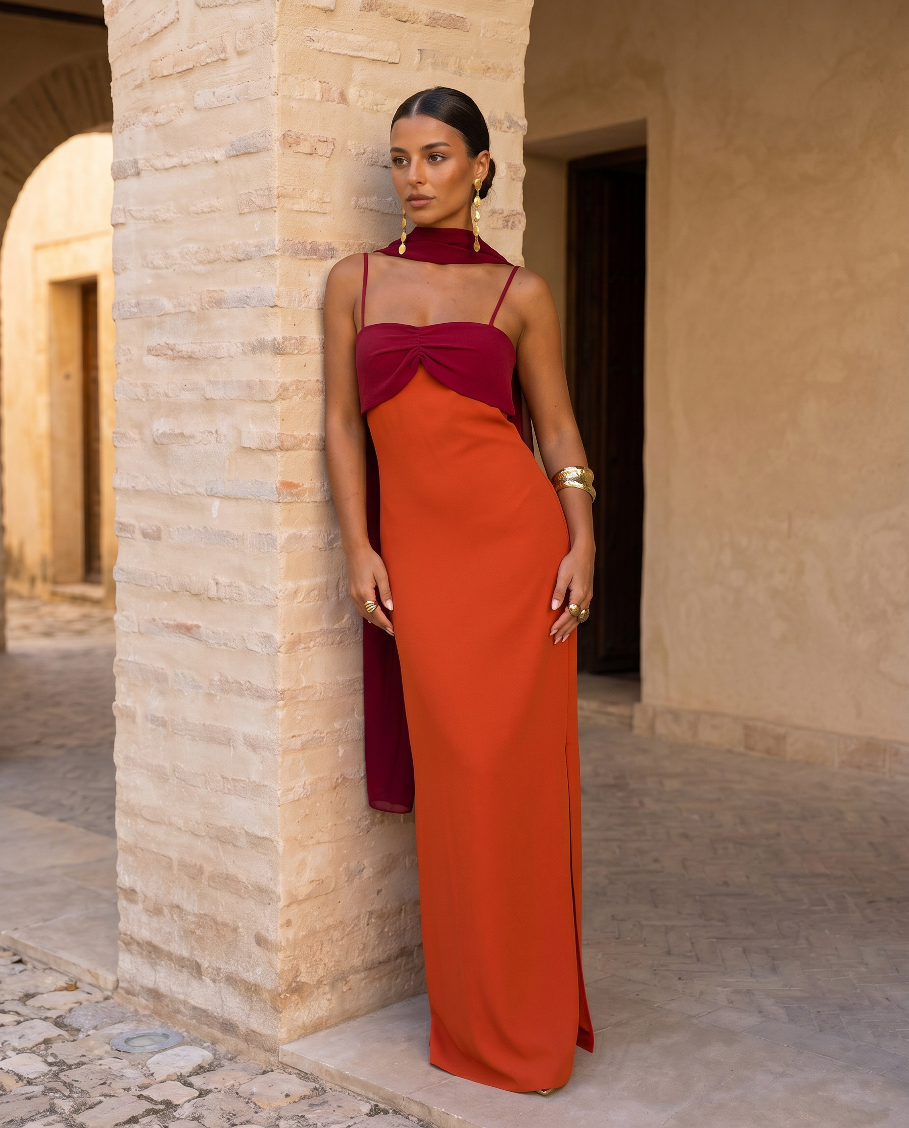 Aitana | Vestido Naranja con Escote en Rojo