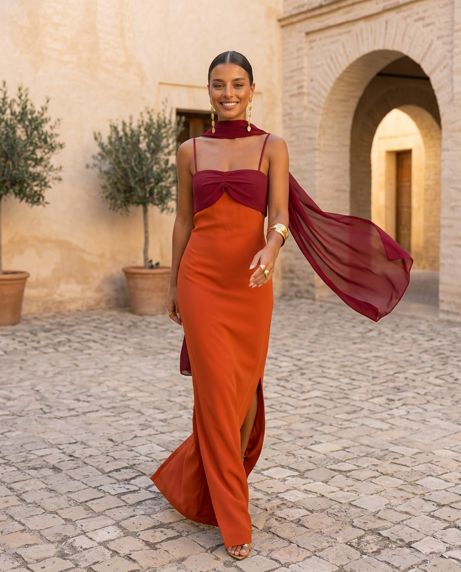 Aitana | Vestido Naranja con Escote en Rojo