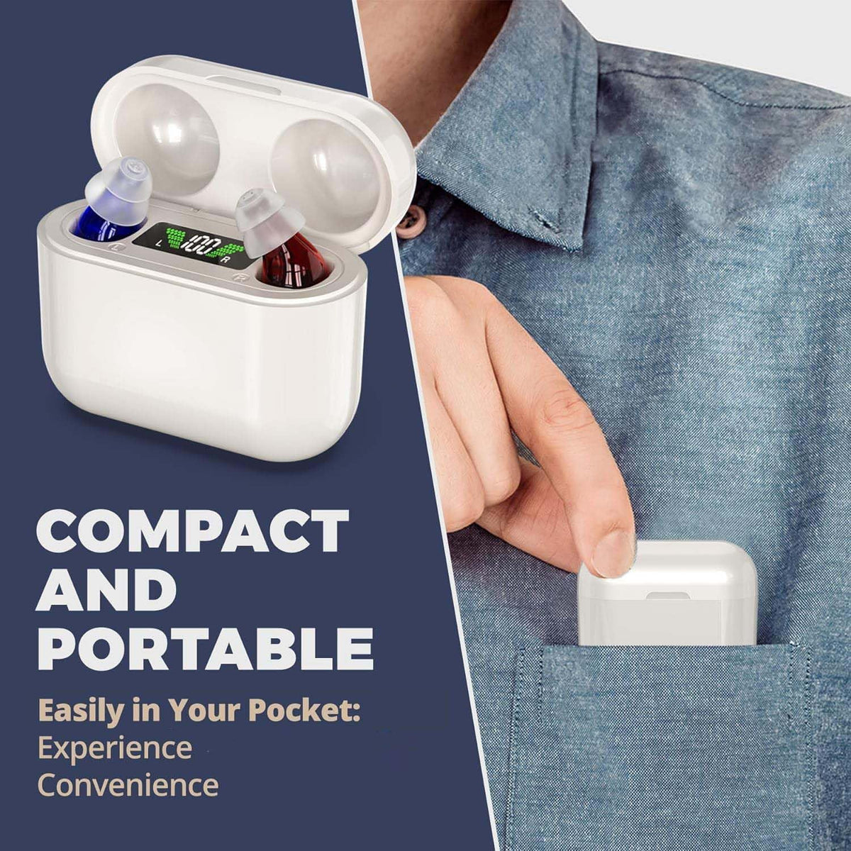 Oplaadbare in-ear-geluidsversterker met oplaadcase