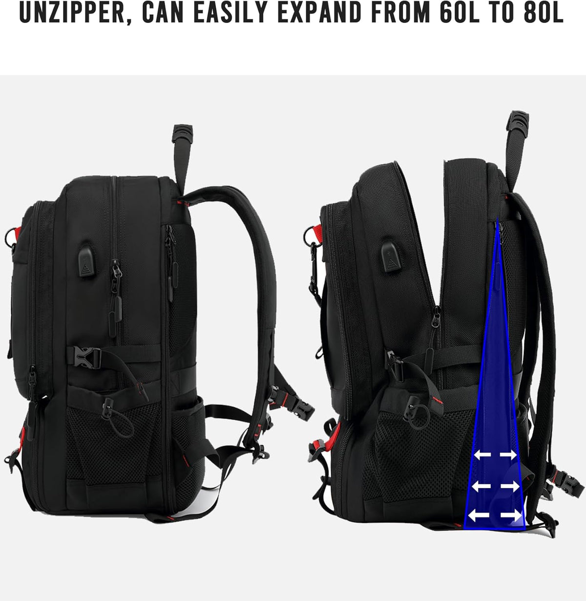 Sac à dos de voyage imperméable de 60 L pour ordinateur portable, avec port USB et compartiment à chaussures