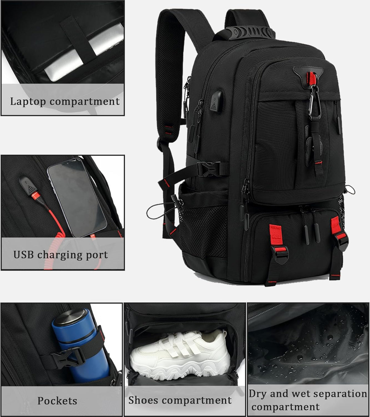 Mochila de Viaje Impermeable de 60 L para Portátil con Puerto USB y Compartimento para Zapatos